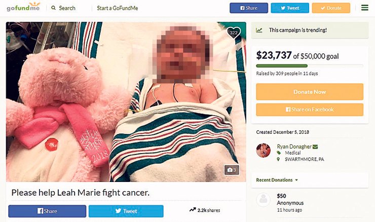קמפיין לגיוס כספים לתינוקת ליה מארי שחולה בסרטן. גם אנשים עובדים ומבוטחים לא יכולים לעמוד בעלויות, צילום: gofundme.com