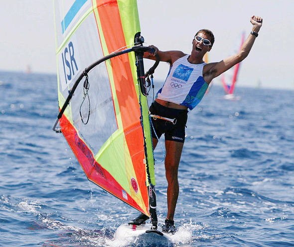 Windsurfer Gal Fridman winning gold medal, 2004. Photo: Reuven Schwartz