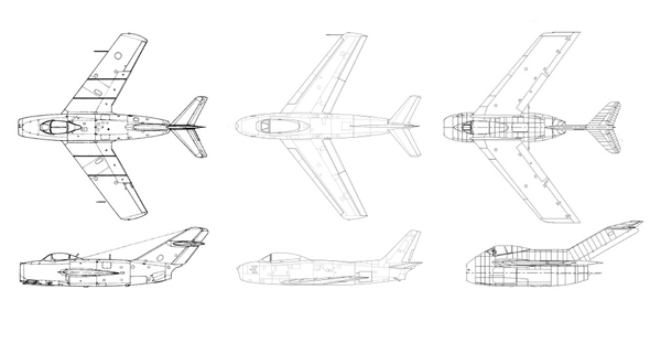 מימין: TA183 נאצי, F86 אמריקאי ומיג 15 רוסי