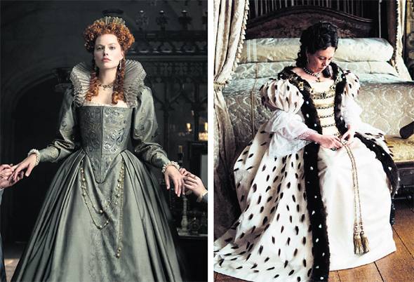 מימין: אוליביה קולמן כמלכה אן פרנואידית ב"המועדפת" ומרגו רובי כמלכה אליזבת גרוטסקית ב"מרי מלכת הסקוטים"