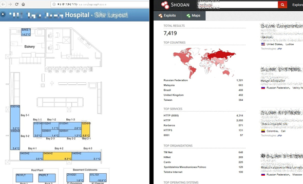 מימין: המערכות החשופות במאגר Shodan, מערך קירור פרוץ בבית חולים בריטי