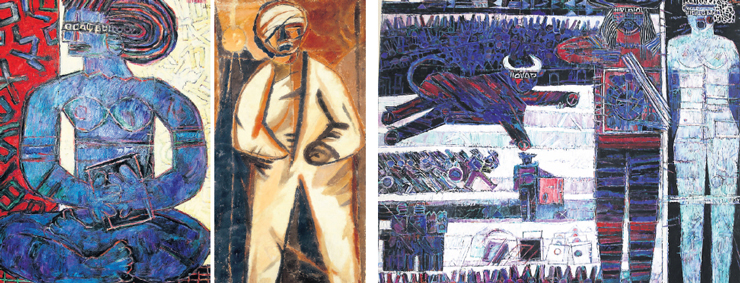 יצירות של טמיר. מימין: "מחווה לדאלי" (1970), "אמנון הפצוע" (1948) ו"אשה יושבת" (1990). פרסלר קנה את העיזבון במחיר של כ־700 שקל ליצירה. בתוך יממה הוא מכר ציור ב־15 אלף שקל