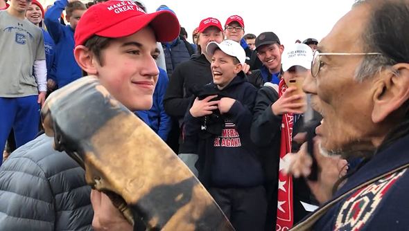 Pro-Trump teen Nick Sandmann and Native American protester Nathan Phillips at the Lincoln Memorial. Photo: YouTube/KC NOLAND 