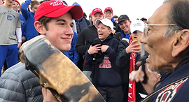 Nick Sandmann and Nathan Phillips at the Lincoln Memorial. Photo: YouTube/KC NOLAND