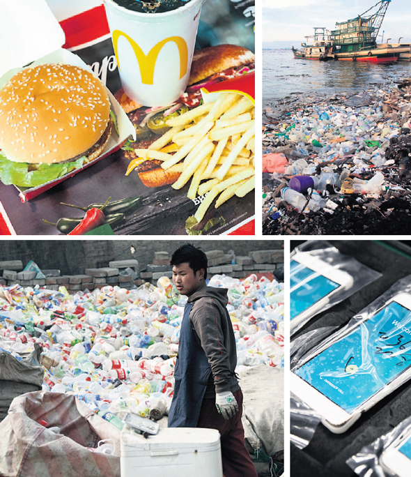 מימין: פסולת פלסטיק בחופי מלזיה, ארוחת ביג מק של מקדונלד'ס, סמארטפון מתוצרת סמסונג בעטיפת פלסטיק, פועל ממיין פסולת פלסטיק במתקן מיחזור בבייג'ינג