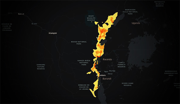 מפה המציגה זמינות רשתות תקשורת 3G באזורים בקונגו שנפגעו ממגיפת האבולה האחרונה
