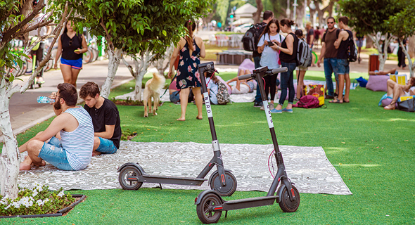 Bird scooters parked in Tel Aviv. Photo: Yuval Chen