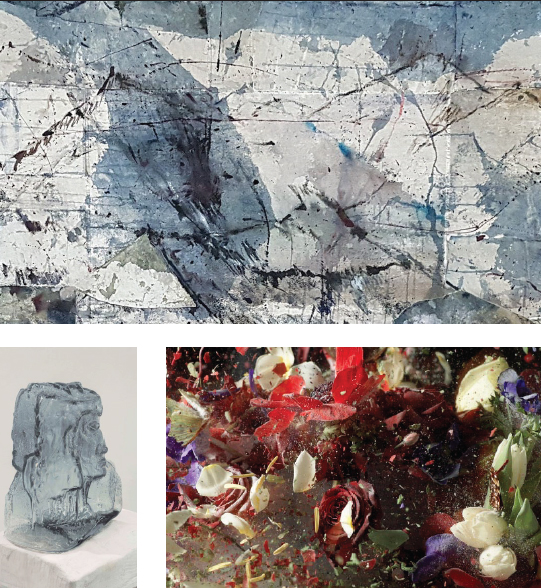 מלמעלה בכיוון השעון: עבודה של אורלי מייברג, "Blow Up" של אורי גרשט ו"Ghost" של שחר יהלום, שיוצגו בתערוכה