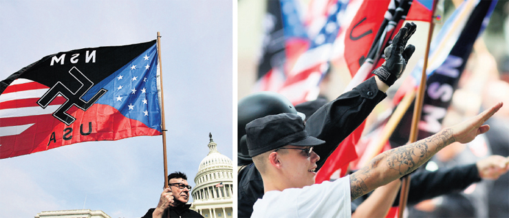 אנשי ימין קיצוני מפגינים בקליפורניה (מימין) ובבירה וושינגטון. "הקורבנוּת היא עניין מהותי: 