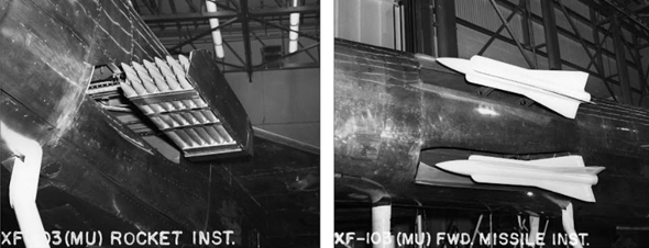 תאי החימוש של המטוס: מימין - טילים, משמאל - כוורת רקטות, צילום: (secretprojects (Republic