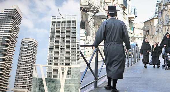 מימין: שכונת מאה שערים ב ירושלים ושכונת מגדלי פארק צמרת בתל אביב, צילומים: אלכס קולומויסקי, תומי הרפז