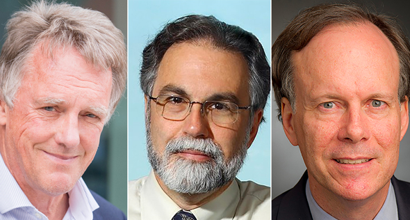 מימין זוכי פרס נובל ברפואה 2019. מימין: ויליאם טיילין, גרג סמנזה ופיטר רטקליף