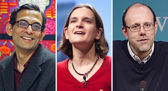 מימין מיכאל קרמר, אסתר דופלו ואבג׳יט בנרג׳י. זוכי פרס נובל לכלכלה 2019