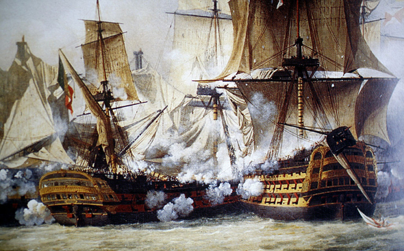 הלוחמה הימית המסורתית: מתקרבים, יורים ומקווים לטוב. ציור של קרב טרפלגר מ-1805