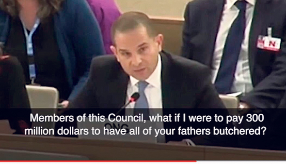 אבני מול הוועדה לזכויות אדם של האו"ם. "מה אם הייתי משלם שייטבחו את האבות שלכם?", צילום: יוטיוב
