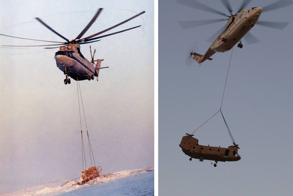 מימין: Mi26 נושא מסוק אמריקאי כבד מדגם צ'יינוק, ומבצע הטסת הממותה הקפואה
