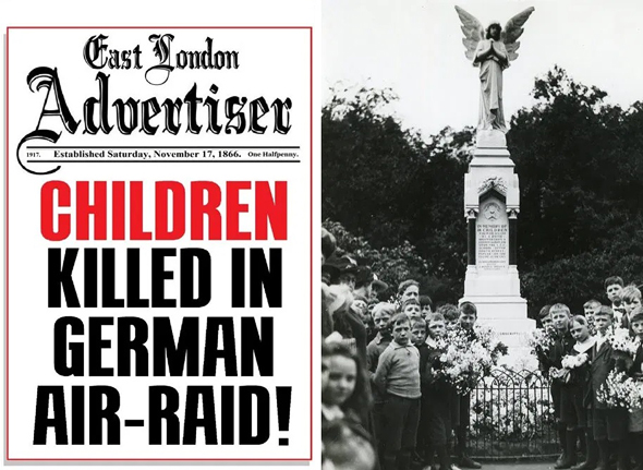 מימין: ילדי בית הספר שנפגע בטקס חניכת אנדרטה לזכר חבריהם שנספו, וכותרת עיתון לונדוני ביום המתקפה, צילום: East London Advertiser, Tower Hamlets