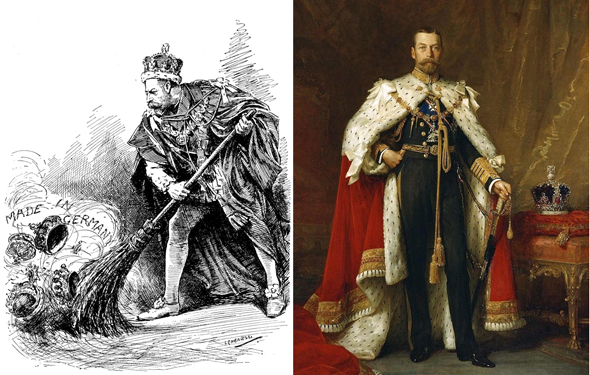 מימין: המלך ג'ורג' החמישי, וקריקטורה שהתפרסמה בעקבות נסיונותיו לטשטש את מוצאו
