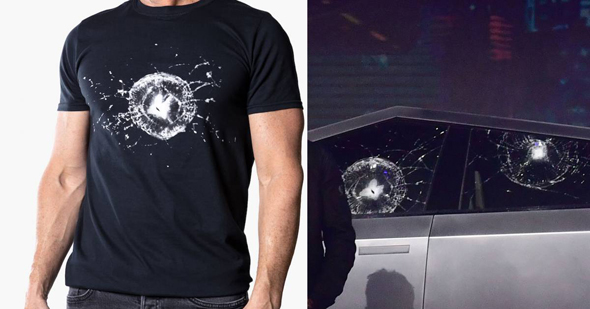 חולצת הטישרט שהוציא מאסק של חלון הטנדר שהתנפץ, צילום: Tesla