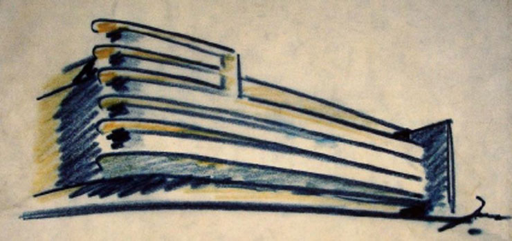 סקיצה של אריך מנדלסון לבניין כלבו בפולין.בשנות ה-30 הגיעו ארצה בכירי האדריכלים המודרניסטים, צילום: אתר mindeguia