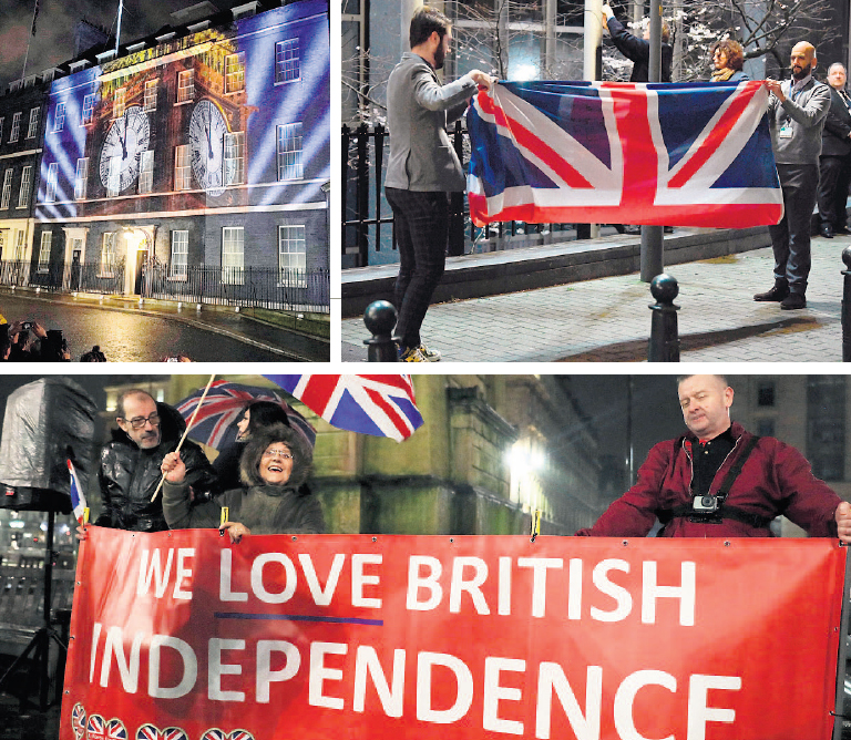  מימין למעלה: דגל בריטניה מוסר מבניין הפרלמנט האירופי בבריסל, תומכי הברקזיט חוגגים וספירה לאחור מוקרנת על דאונינג 10, צילומים: אי.פי, אי.אף.פי, פי.אי