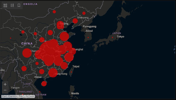 מפת התפשטות נגיף הקורונה, צילום: מסך אתר אוניברסיטת ג