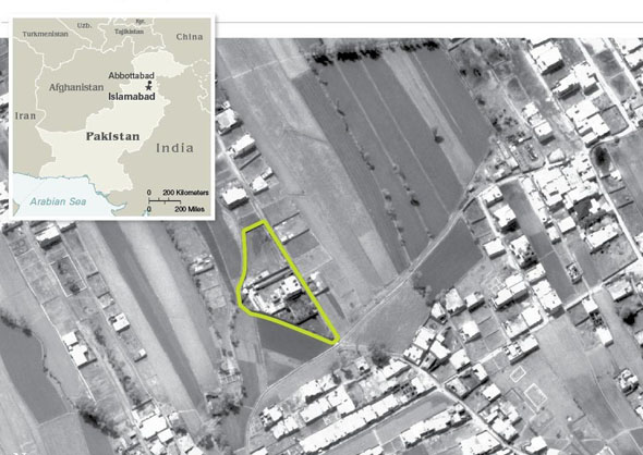 המתחם בו חוסל אוסאמה בן לאדן, בתצלום לוויין, צילום: CIA