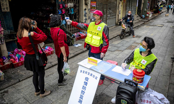 Testing for coronavirus symptoms, Guangzhou, China. Photo: AP   
