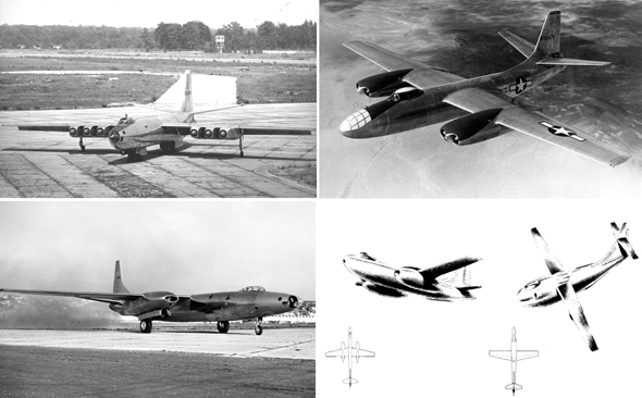עיצובי מפציצים סילוניים, בכיוון השעון: נורת' אמריקן B45, עיצובי בואינג, קונבייר XB46, מרטין XB48
