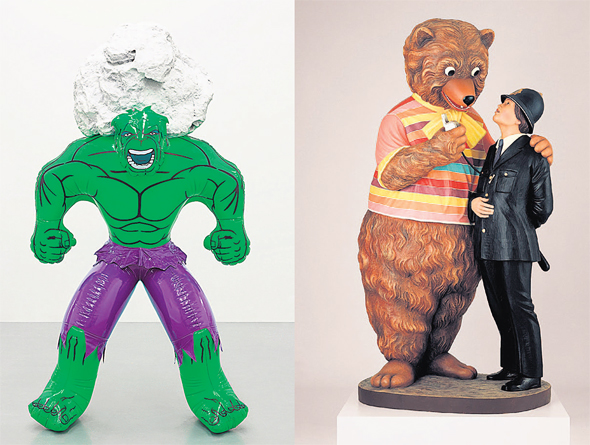 מימין: “דוב ושוטר" ו”הענק הירוק" של קונס. להסיר רגשי אשם מהקהל, צילומים: Tom Powel Imaging ,Jeff Koons