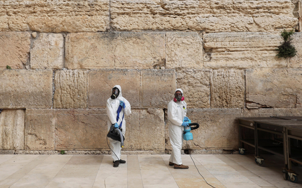 Coronavirus sanitizing at the Western Wall in Jerusalem. Photo: API