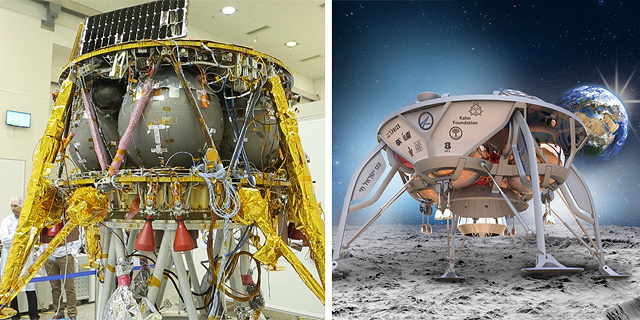 חללית בראשית - מימין בעיצוב של אלכס פדואה, משמאל התוצאה הסופית, צילום: spaceIL, דור מנואל