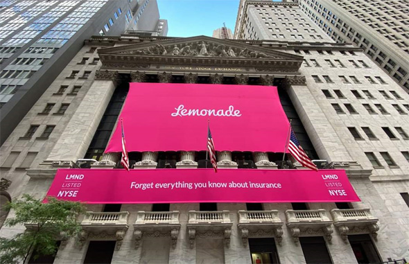 Lemonade banner on NYSE building. Photo: Lemonade