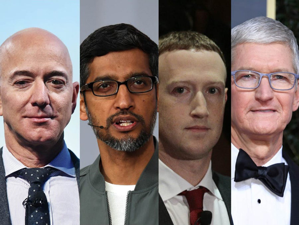 מימין: טים קוק מנכ"ל אפל, מארק צוקרברג, מנכ"ל פייסבוק, סונדאר פיצ