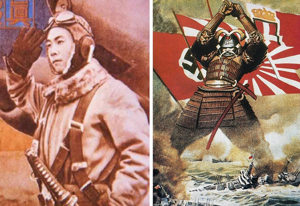 מימין: תעמולה יפנית, ומודעה הקוראת להתנדב לקורס טיס. שימו לב לתפקיד החרב הסמוראית, רכיב בולט בתרבות המיליטנטית במדינה