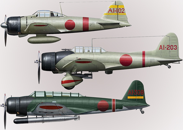 מלמעלה: A6M זירו, D3A ואל, ו-B5N קייט. בהזדמנות, אספר לכם מאין הגיעו השמות הלו ומה מיוחד בהם, צילום: Hasegawa