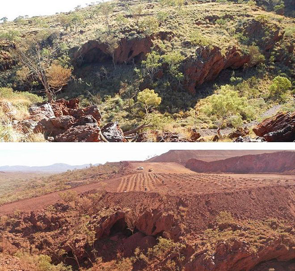 מערות האבוריג'ינים באוסטרליה. לפני (למעלה) ואחרי ההרס שבוצע על ידי ריו טינטו