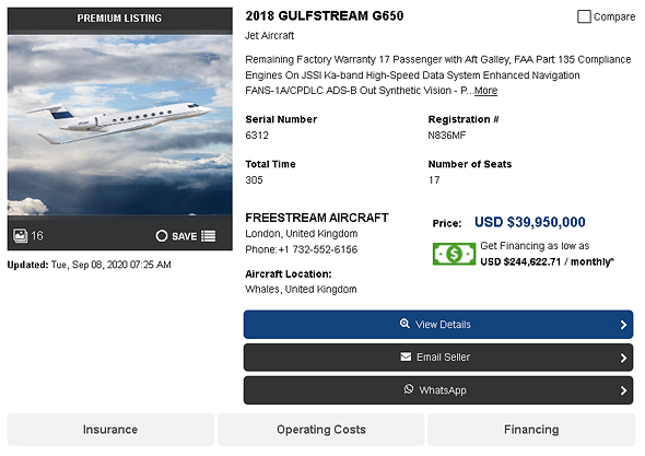 מודעה באתר קונטרולר על מכירת המטוס הפרטי של פרלמן, צילום מסך