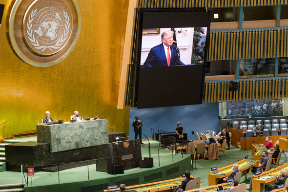 עצרת האו"ם או"ם בניו יורק הקרנת נאומו של נשיא ארה"ב דולנד טראמפ, צילום: רויטרס 