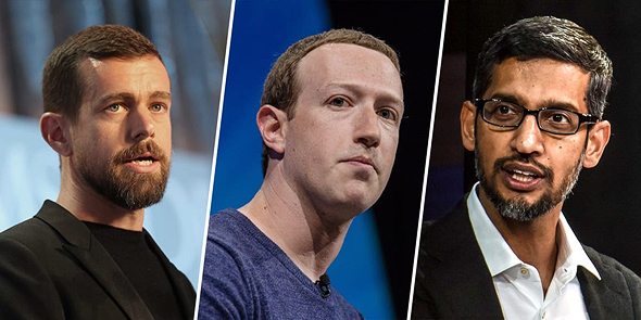 מימין: סונדאר פיצ'אי מנכ"ל גוגל, מארק צוקרברג מנכ"ל פייסבוק וג'ק דורסי מנכ"ל טוויטר