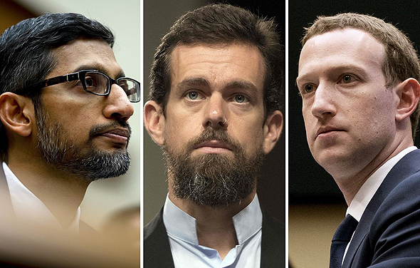 מימין: מארק צוקרברג מנכ"ל פייסבוק, ג'ק דורסי מנכ"ל טוויטר וסונדאר פיצ'אי מנכ"ל גוגל