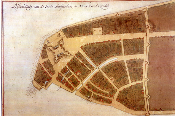 מפת קסטלו משנת 1660 - את החומה אתם מכירים כוול-סטריט, את המבצר כבית המכס