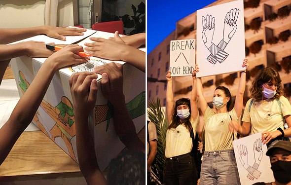 מימין: כרזות שיצר אדם יקותיאלי עבור מפגיני בלפור. משמאל: איורים על ארגזי מזון, צילום: שרון קנטור, United Children of Israel