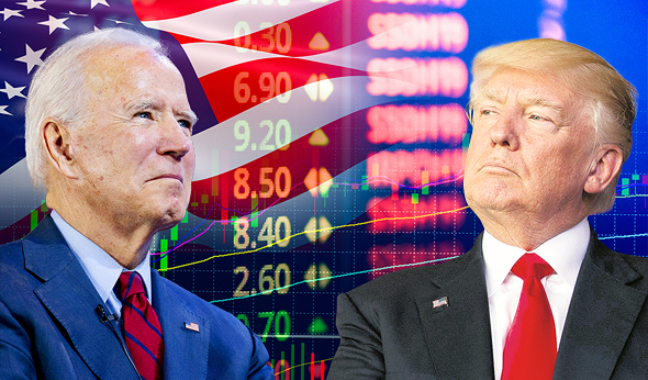 Donald Trump and Joe Biden on the background of stock market figures. Photo: AP and Shutterstock