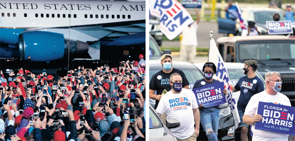 מימין: מחנה ביידן בתהלוכת תמיכה בטמפה, פלורידה, ותומכי טראמפ מקבלים את פניו של אייר פורס 1 ברום, ג