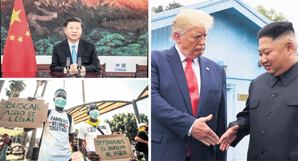  מימין: טראמפ ושליט צפון קוריאה קים ג'ונג און, נשיא סין שי ג'ינפינג ופליטים מהאיטי, על גבול ארה"ב־מקסיקו