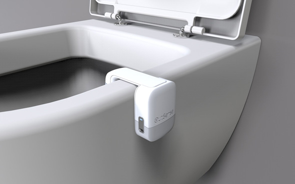 The OutSense device can easily clip onto any toilet bowl. Photo: OutSense