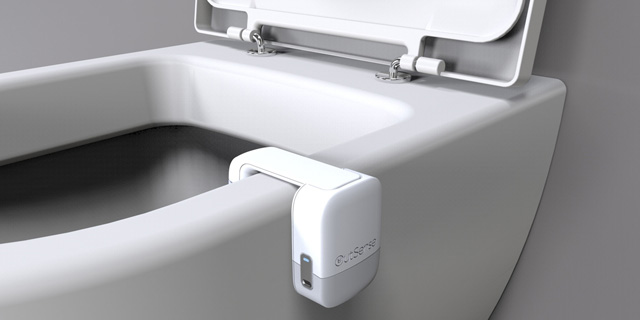 The OutSense device can easily clip onto any toilet bowl. Photo: OutSense