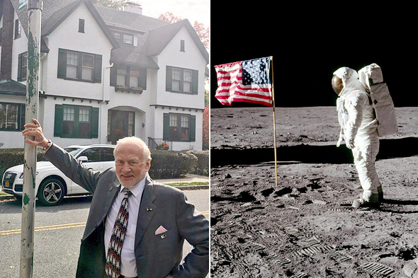 באז אולדרין על רקע הבית ובנחיתה על הירח, צילום: Twitter, NASA