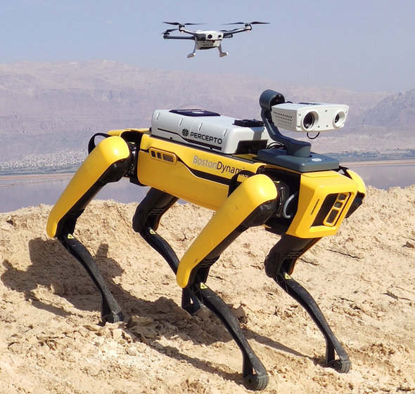 Boston Dynamics' Spot and Percepto's drone. Photo: Percepto